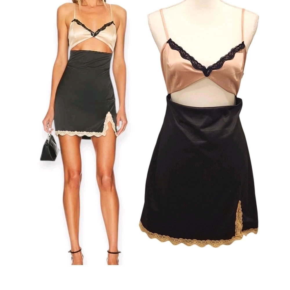 Superdown Women's Medium Patrece Two Toned Satin Cut Out Lace Trim Mini Dress